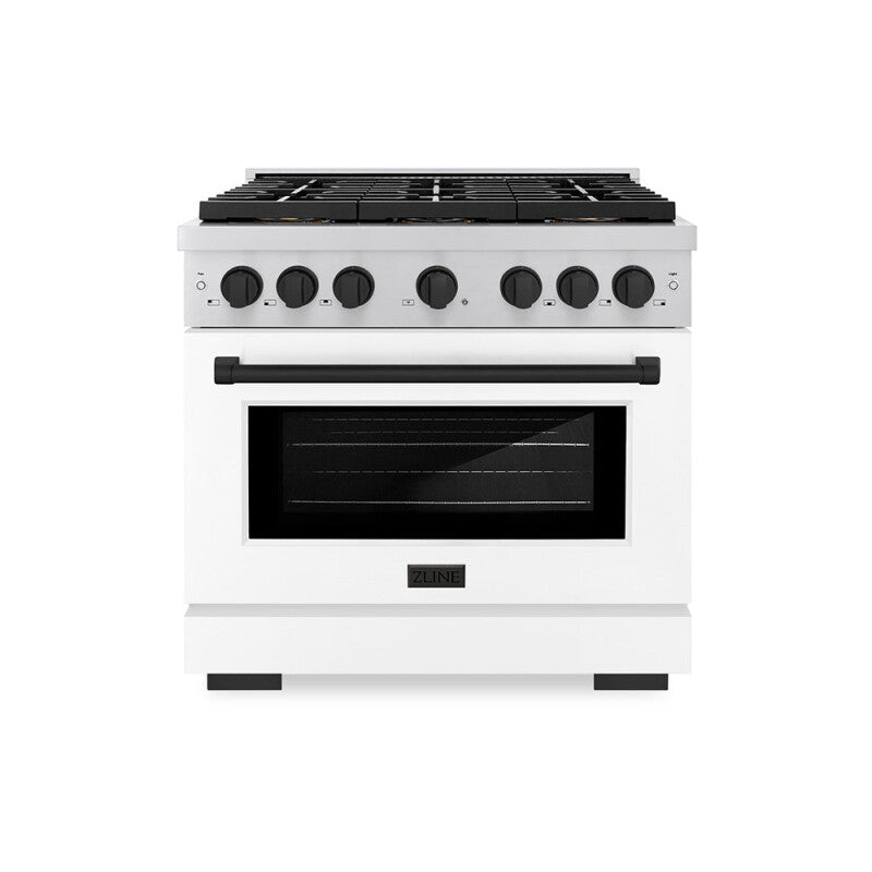 ZLINE Autograph Edition 36 in. 5.2 cu. ft. Paramount Dual Fuel Range with 6 Burner DuoPro™ Cooktop and Electric Convection Oven with White Matte Door and Matte Black Accents (PSDRZ-WM-36-MB) - (PSDRZWM36MB) -