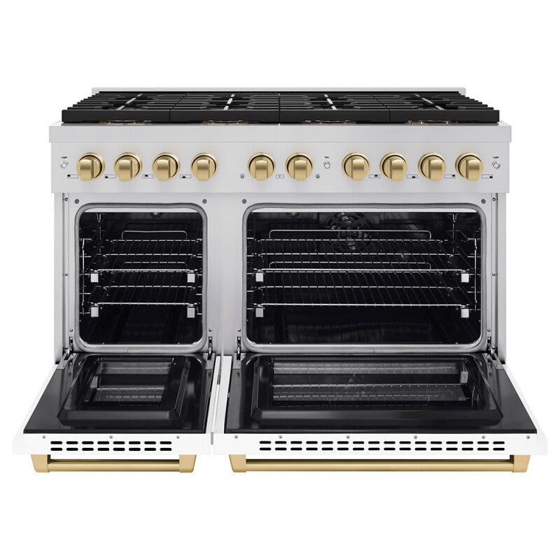 ZLINE Autograph Edition 48 in. 6.7 cu. ft. Paramount Dual Fuel Range with 8 Burner DuoPro™ Cooktop and Dual Ovens with White Matte Doors and Champagne Bronze Accents (PSDRZ-WM-48-CB) - (PSDRZWM48CB) -