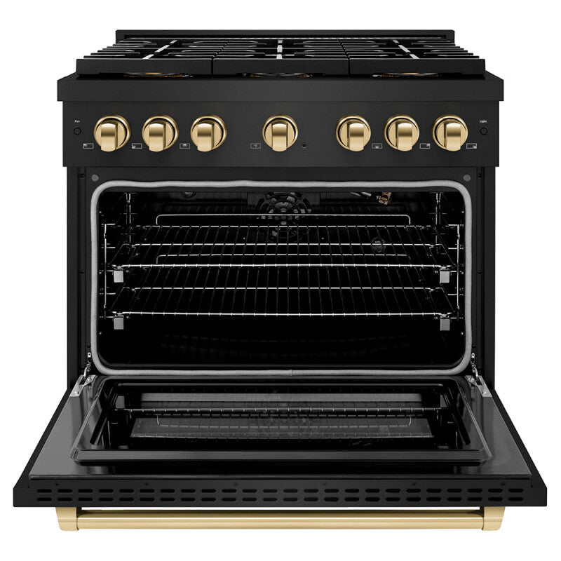 ZLINE Autograph Edition 36 in. 5.2 cu. ft. Paramount Gas Range with 6 Burner DuoPro™ Cooktop and Convection Gas Oven in Black Stainless Steel and Polished Gold Accents (PSGRBZ-36-G) - (PSGRBZ36G) -