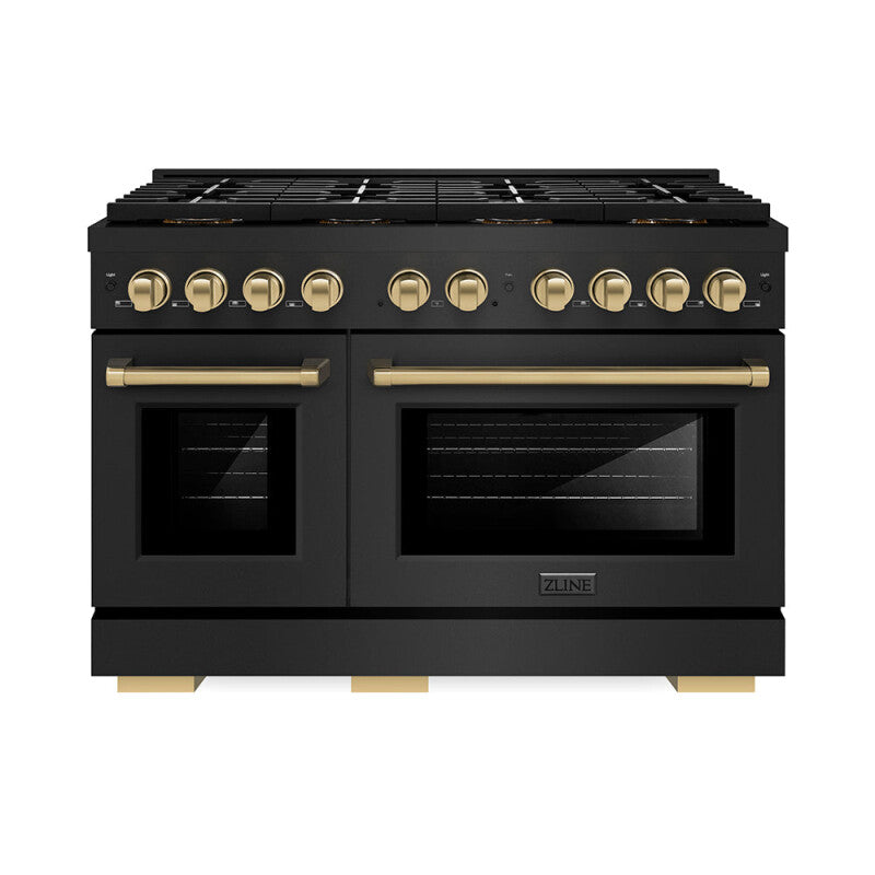 ZLINE Autograph Edition 48 in. 6.7 cu. ft. Paramount Gas Range with 8 Burner DuoPro™ Cooktop and Dual Ovens in Black Stainless Steel and Champagne Bronze Accents (PSGRBZ-48-CB) - (PSGRBZ48CB) -