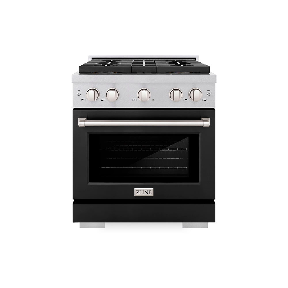 ZLINE 30 in. 4.2 cu. ft. Paramount Gas Range with 4 Burner DuoPro™ Cooktop and Convection Gas Oven in Satin Stainless Steel with Black Matte Door (PSGRS-BLM-30) - (PSGRSBLM30) -