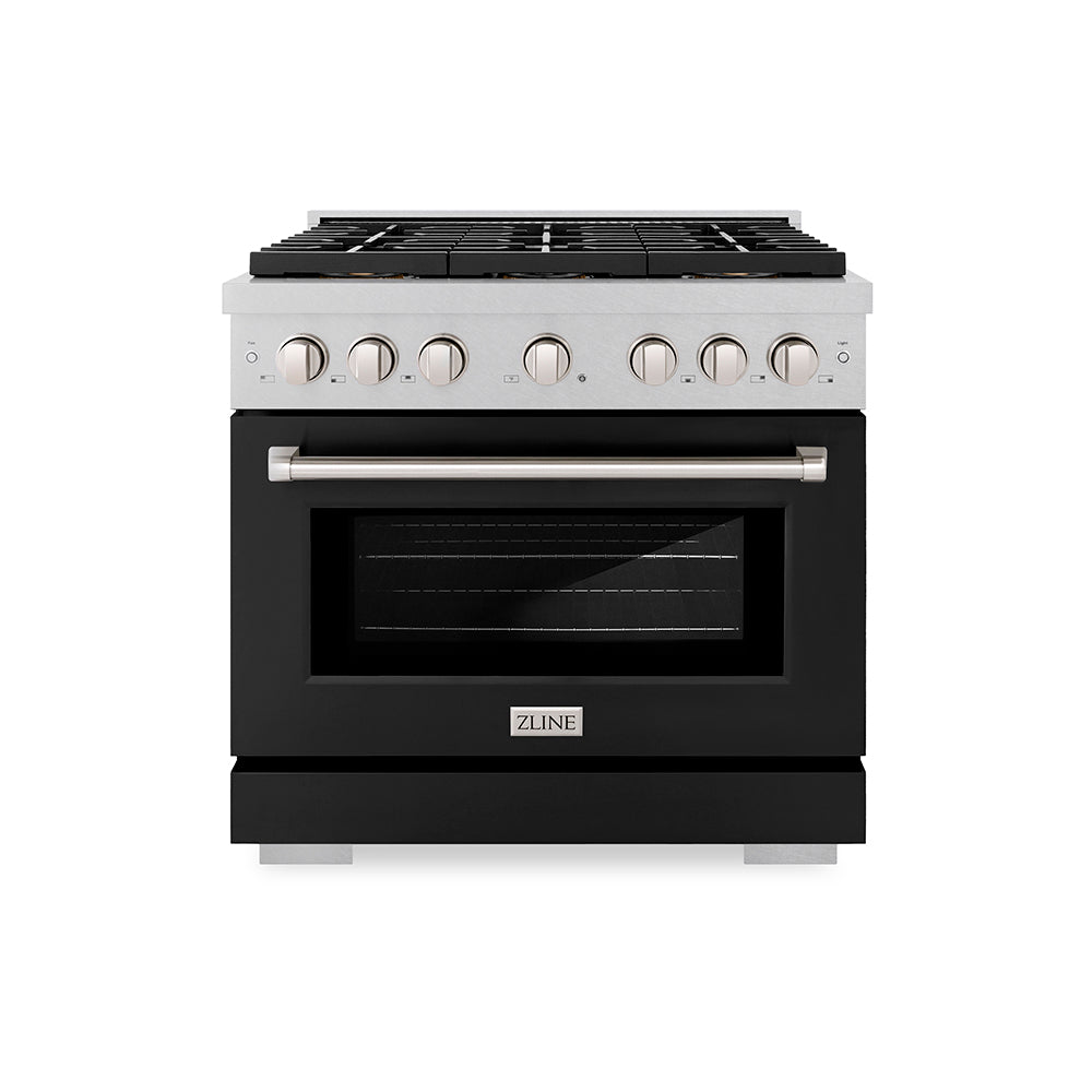 ZLINE 36 in. 5.2 cu. ft. Paramount Gas Range with 6 Burner DuoPro™ Cooktop and Convection Gas Oven in Satin Stainless Steel with Black Matte Door (PSGRS-BLM-36) - (PSGRSBLM36) -