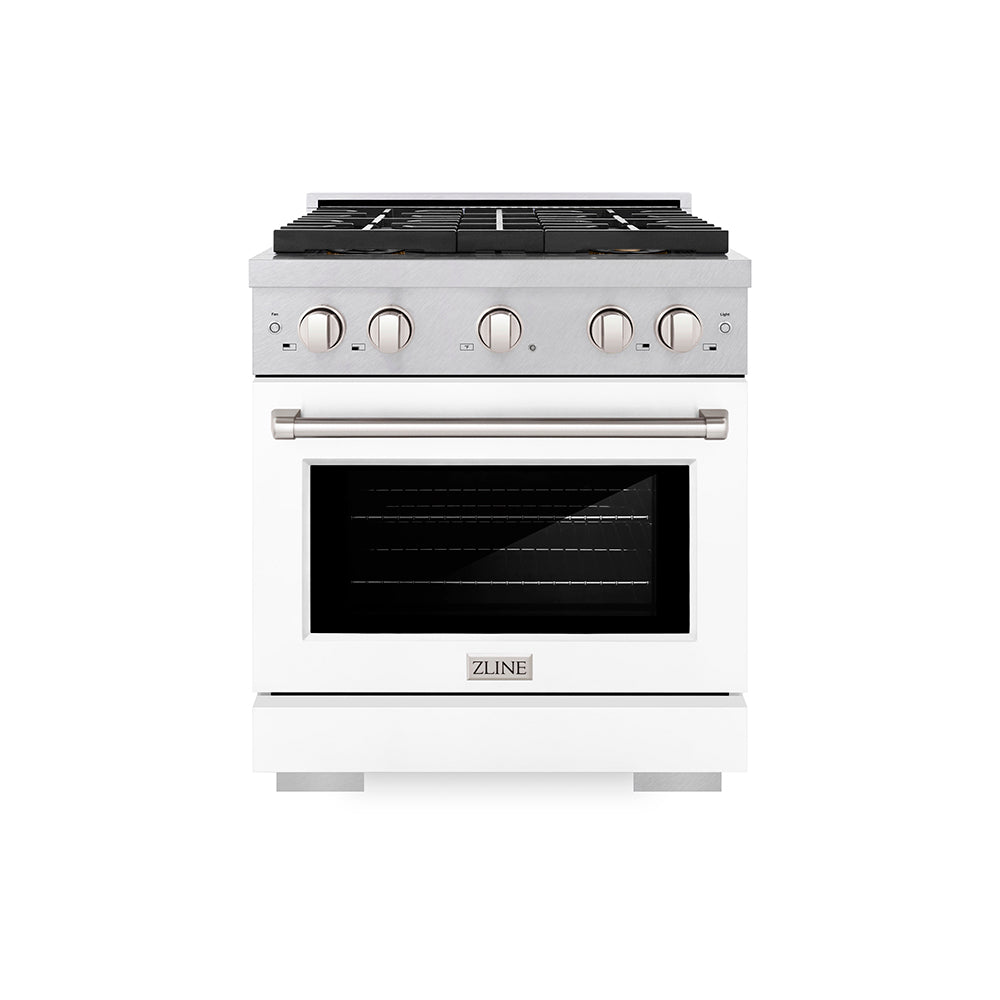ZLINE 30 in. 4.2 cu. ft. Paramount Gas Range with 4 Burner DuoPro™ Cooktop and Convection Gas Oven in Satin Stainless Steel with White Matte Door (PSGRS-WM-30) - (PSGRSWM30) -