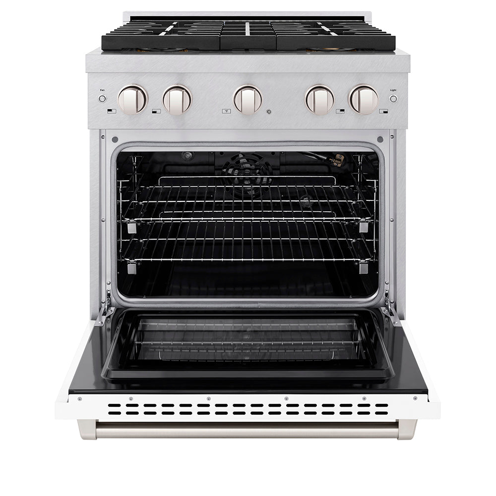 ZLINE 30 in. 4.2 cu. ft. Paramount Gas Range with 4 Burner DuoPro™ Cooktop and Convection Gas Oven in Satin Stainless Steel with White Matte Door (PSGRS-WM-30) - (PSGRSWM30) -
