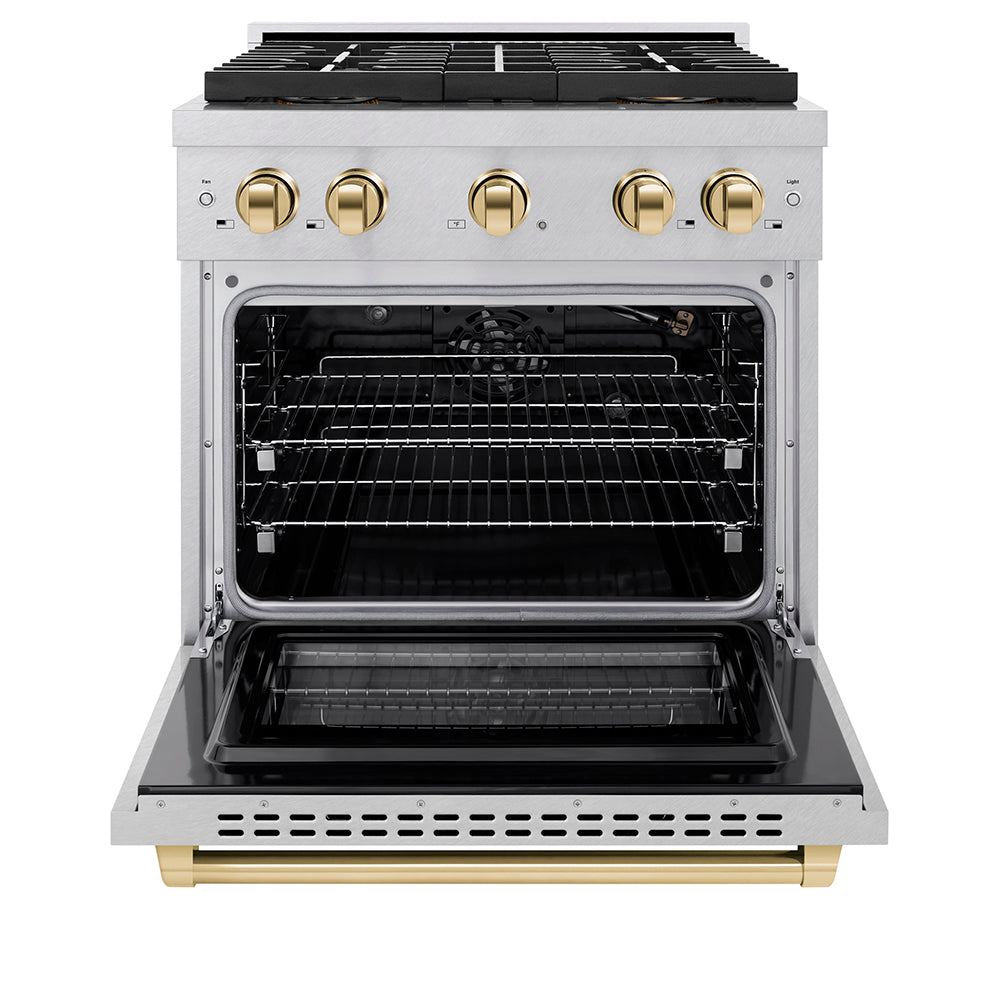 ZLINE Autograph Edition 30 in. 4.2 cu. ft. Paramount Gas Range with 4 Burner DuoPro™ Cooktop and Convection Gas Oven in Satin Stainless Steel and Polished Gold Accents (PSGRSZ-30-G) - (PSGRSZ30G) -