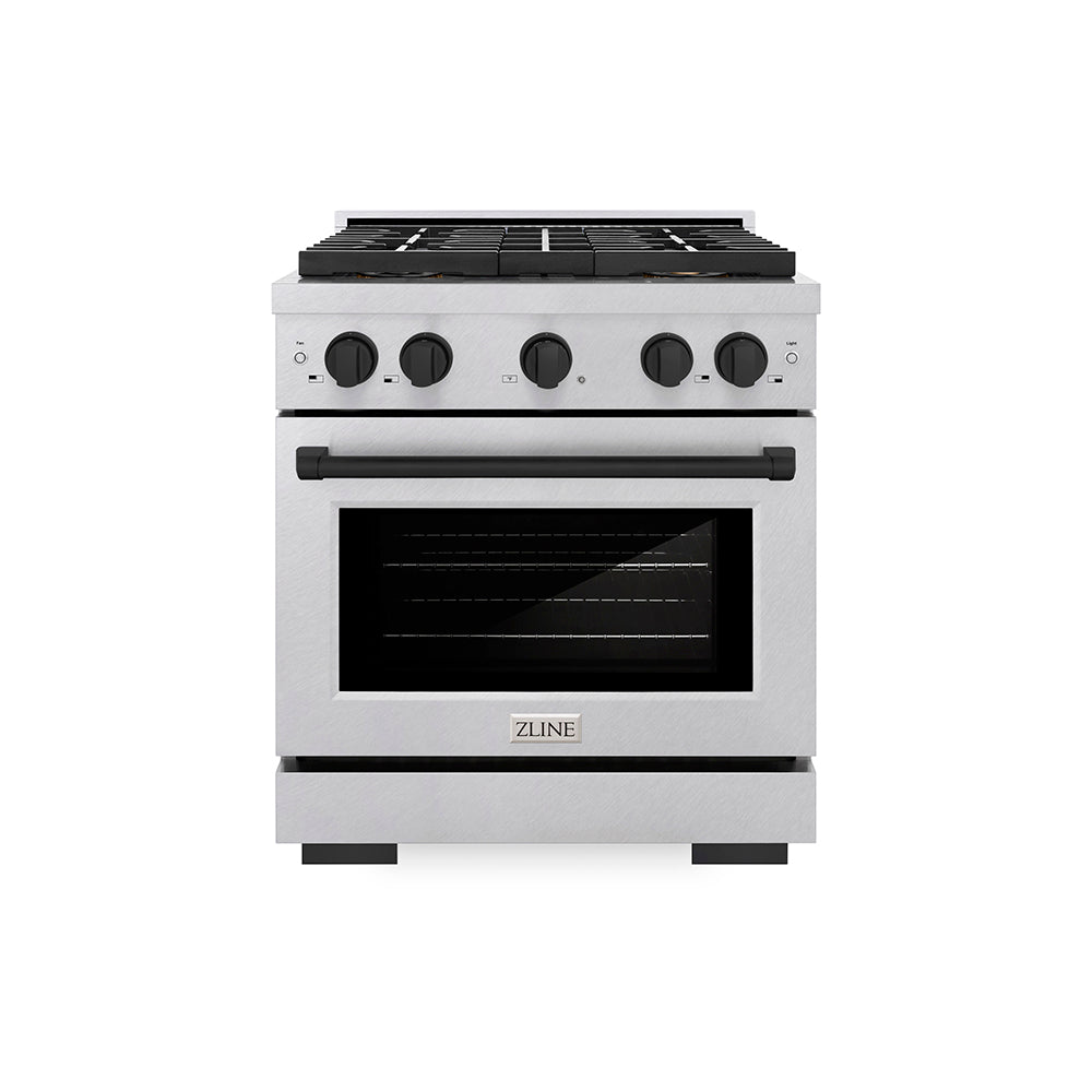 ZLINE Autograph Edition 30 in. 4.2 cu. ft. Paramount Gas Range with 4 Burner DuoPro™ Cooktop and Convection Gas Oven in Satin Stainless Steel and Matte Black Accents (PSGRSZ-30-MB) - (PSGRSZ30MB) -