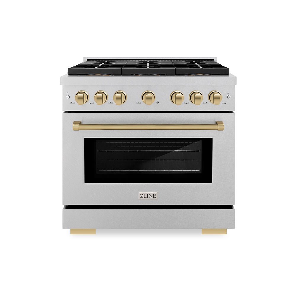 ZLINE Autograph Edition 36 in. 5.2 cu. ft. Paramount Gas Range with 6 Burner DuoPro™ Cooktop and Convection Gas Oven in Satin Stainless Steel and Champagne Bronze Accents (PSGRSZ-36-CB) - (PSGRSZ36CB) -