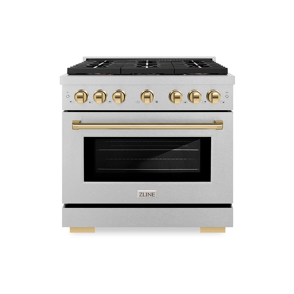 ZLINE Autograph Edition 36 in. 5.2 cu. ft. Paramount Gas Range with 6 Burner DuoPro™ Cooktop and Convection Gas Oven in Satin Stainless Steel and Polished Gold Accents (PSGRSZ-36-G) - (PSGRSZ36G) -