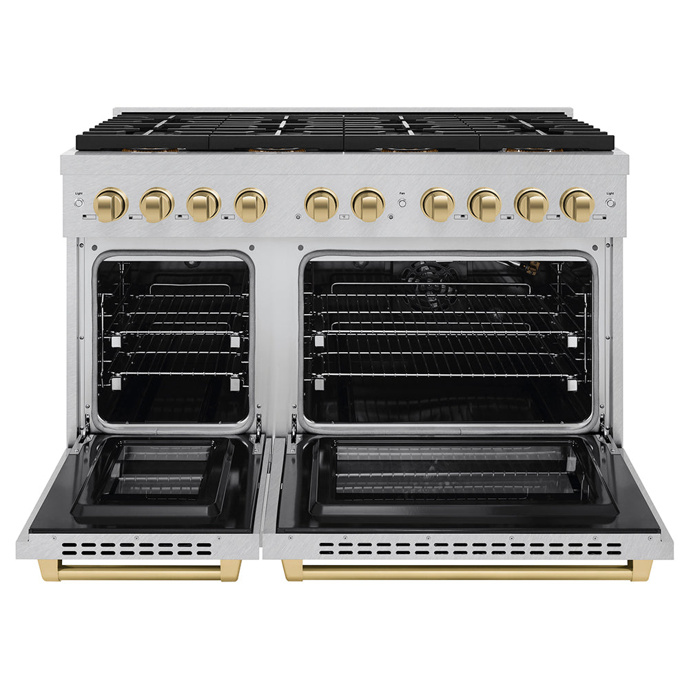 ZLINE Autograph Edition 48 in. 6.7 cu. ft. Paramount Gas Range with 8 Burner DuoPro™ Cooktop and Dual Ovens in Satin Stainless Steel and Champagne Bronze Accents (PSGRSZ-48-CB) - (PSGRSZ48CB) -