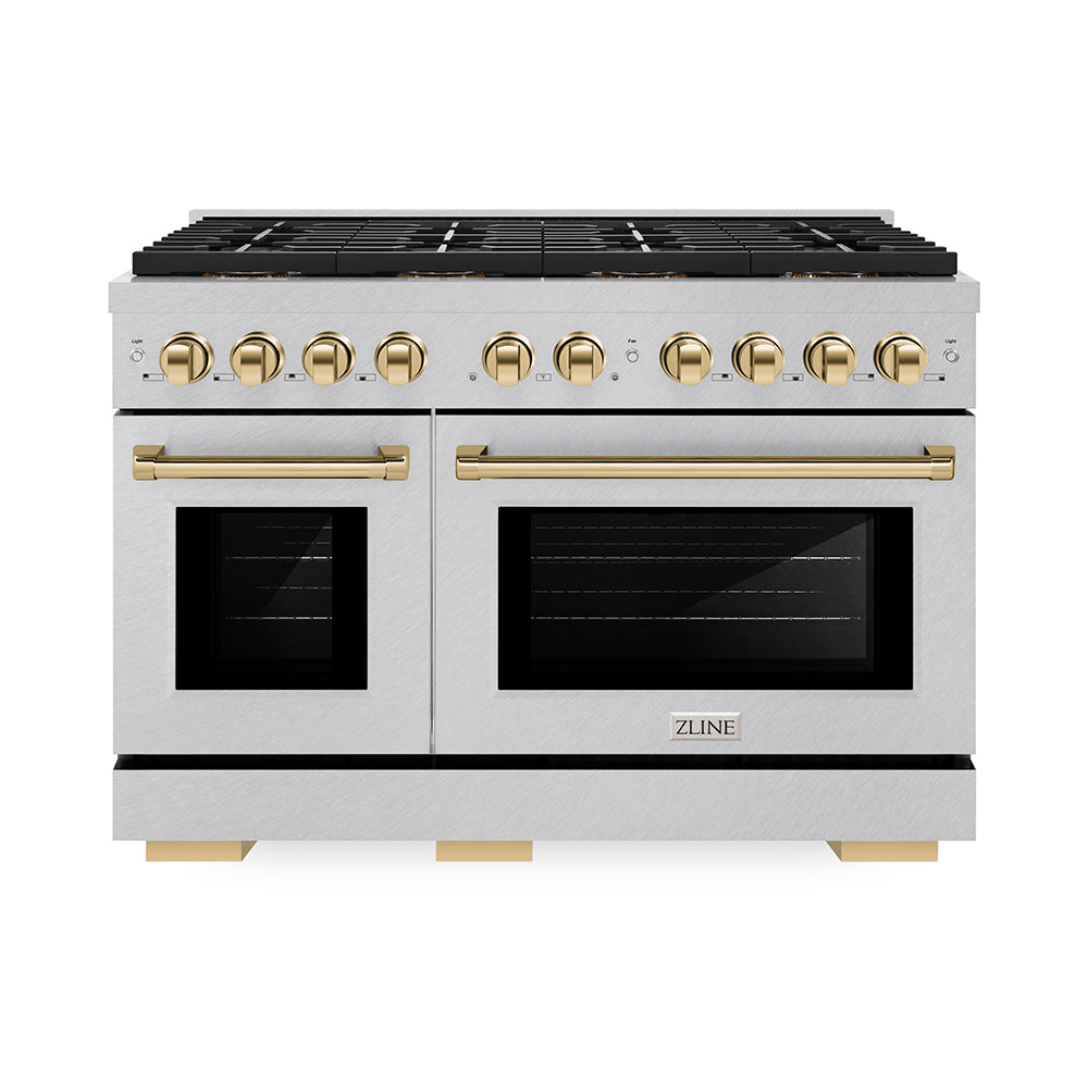 ZLINE Autograph Edition 48 in. 6.7 cu. ft. Paramount Gas Range with 8 Burner DuoPro™ Cooktop and Dual Ovens in Satin Stainless Steel and Polished Gold Accents (PSGRSZ-48-G) - (PSGRSZ48G) -