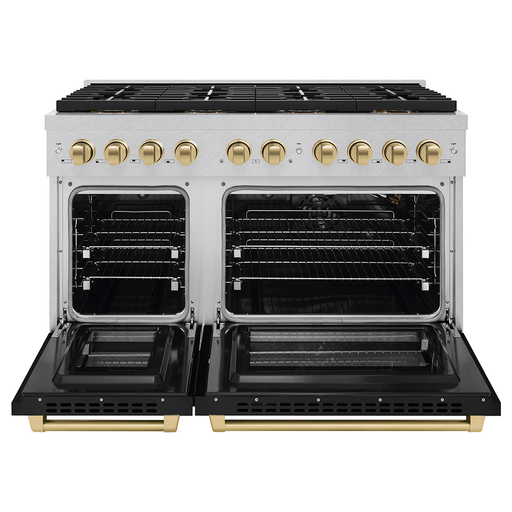 ZLINE Autograph Edition 48 in. 6.7 cu. ft. Paramount Gas Range with 8 Burner DuoPro™ Cooktop and Dual Ovens in Satin Stainless Steel with Black Matte Doors and Champagne Bronze Accents (PSGRSZ-BLM48-CB) - (PSGRSZBLM48CB) -