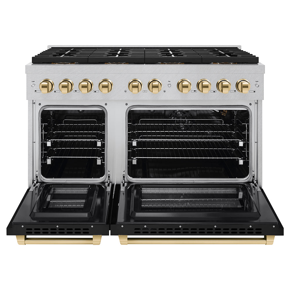 ZLINE Autograph Edition 48 in. 6.7 cu. ft. Paramount Gas Range with 8 Burner DuoPro™ Cooktop and Dual Ovens in Satin Stainless Steel with Black Matte Doors and Polished Gold Accents (PSGRSZ-BLM48-G) - (PSGRSZBLM48G) -