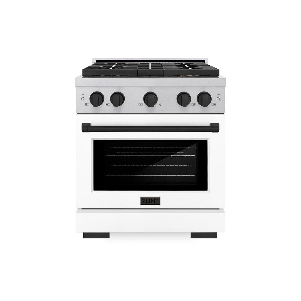 ZLINE Autograph Edition 30 in. 4.2 cu. ft. Paramount Gas Range with 4 Burner DuoPro™ Cooktop and Convection Gas Oven in Satin Stainless Steel with White Matte Door and Matte Black Accents (PSGRSZ-WM-30-MB) - (PSGRSZWM30MB) -