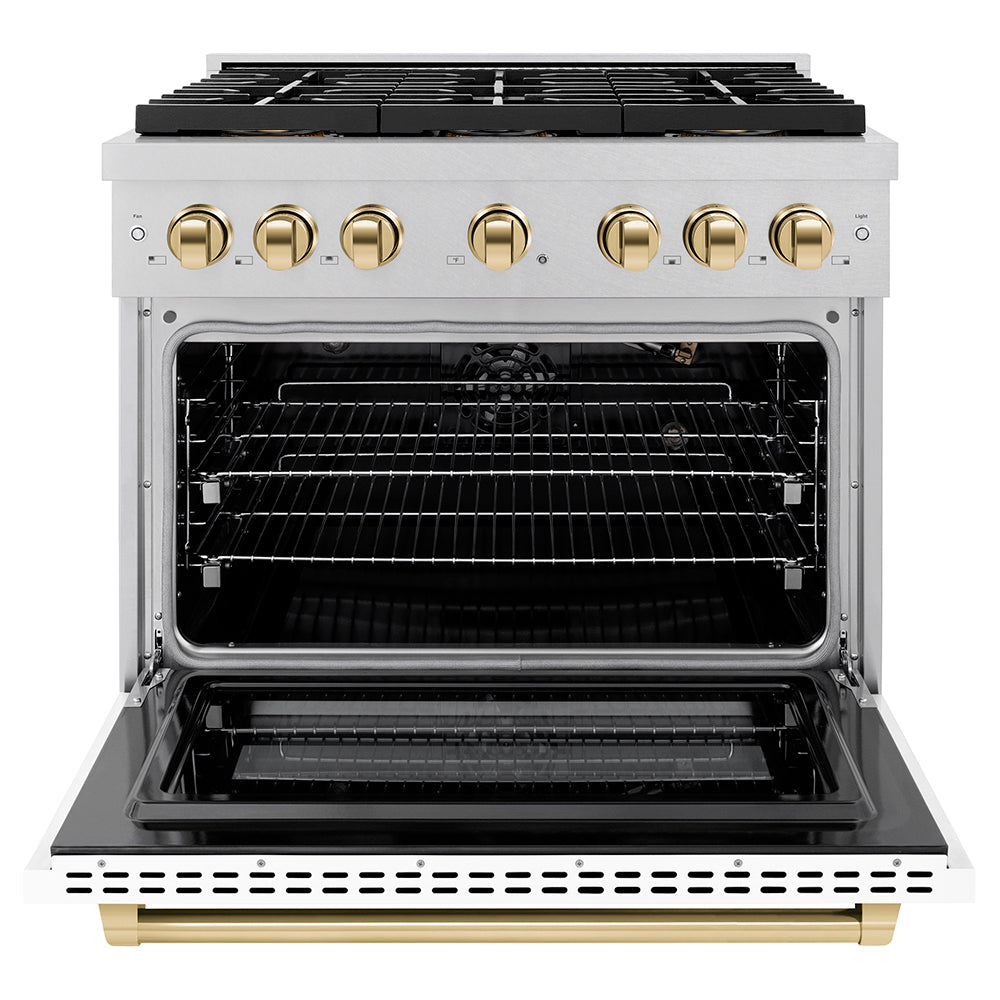 ZLINE Autograph Edition 36 in. 5.2 cu. ft. Paramount Gas Range with 6 Burner DuoPro™ Cooktop and Convection Gas Oven in Satin Stainless Steel with White Matte Door and Polished Gold Accents (PSGRSZ-WM-36-G) - (PSGRSZWM36G) -