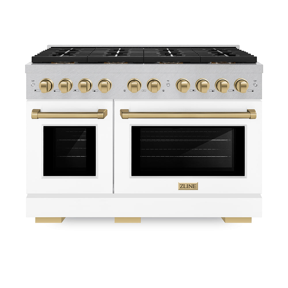 ZLINE Autograph Edition 48 in. 6.7 cu. ft. Paramount Gas Range with 8 Burner DuoPro™ Cooktop and Dual Ovens in Satin Stainless Steel with White Matte Doors and Champagne Bronze Accents (PSGRSZ-WM-48-CB) - (PSGRSZWM48CB) -