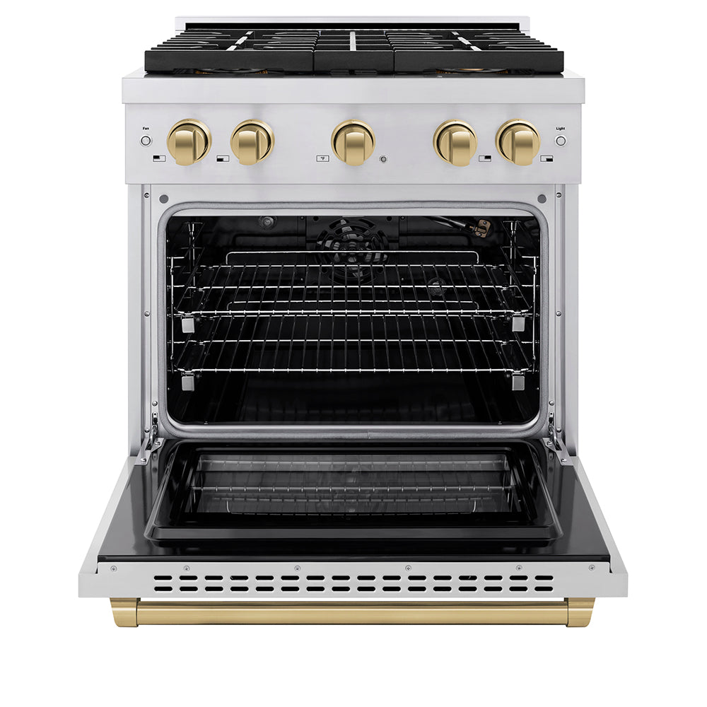 ZLINE Autograph Edition 30 in. 4.2 cu. ft. Paramount Gas Range with 4 Burner DuoPro™ Cooktop and Convection Gas Oven in Stainless Steel with Champagne Bronze Accents (PSGRZ-30-CB) - (PSGRZ30CB) -