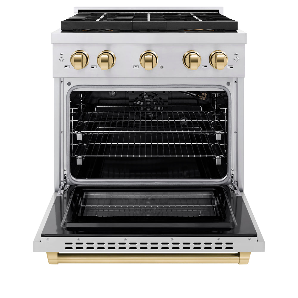 ZLINE Autograph Edition 30 in. 4.2 cu. ft. Paramount Gas Range with 4 Burner DuoPro™ Cooktop and Convection Gas Oven in Stainless Steel with Polished Gold Accents (PSGRZ-30-G) - (PSGRZ30G) -