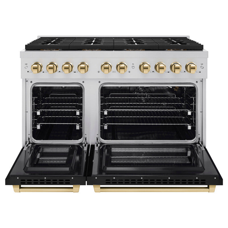 Autograph Edition 48 in. 6.7 cu. ft. Paramount Gas Range with 8 Burner DuoPro™ Cooktop and Dual Ovens with Black Matte Doors and Polished Gold Accents - (PSGRZBLM48G) -