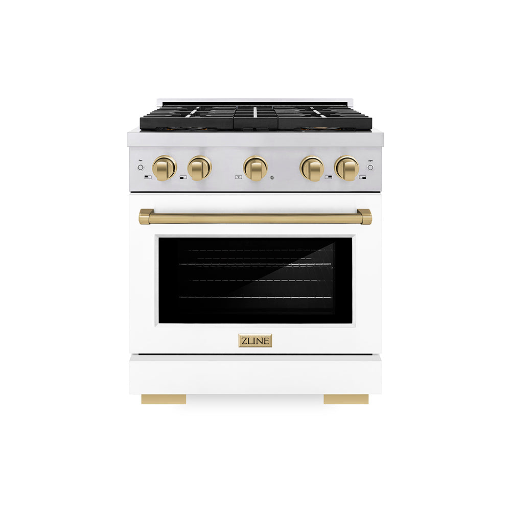 ZLINE Autograph Edition 30 in. 4.2 cu. ft. Paramount Gas Range with 4 Burner DuoPro™ Cooktop and Convection Gas Oven in Stainless Steel with White Matte Door and Champagne Bronze Accents (PSGRZ-WM-30-CB) - (PSGRZWM30CB) -