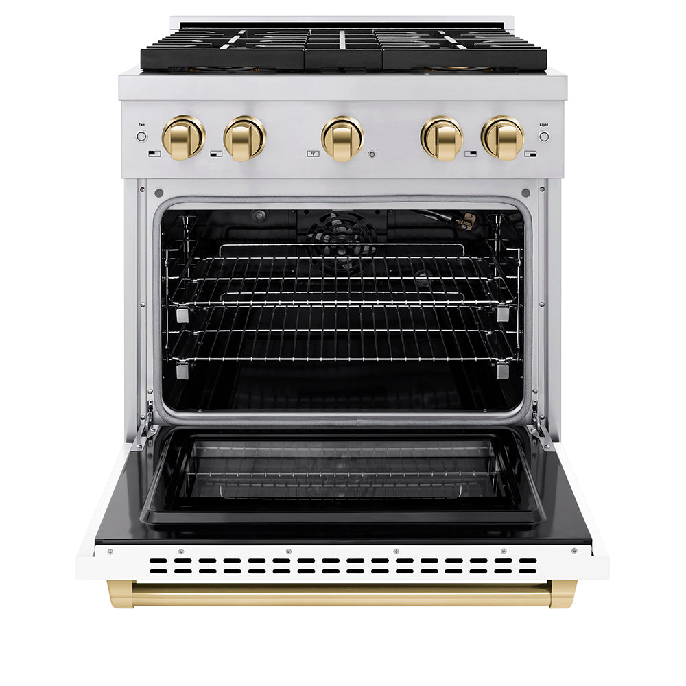 ZLINE Autograph Edition 30 in. 4.2 cu. ft. Paramount Gas Range with 4 Burner DuoPro™ Cooktop and Convection Gas Oven in Stainless Steel with White Matte Door and Polished Gold Accents (PSGRZ-WM-30-G) - (PSGRZWM30G) -