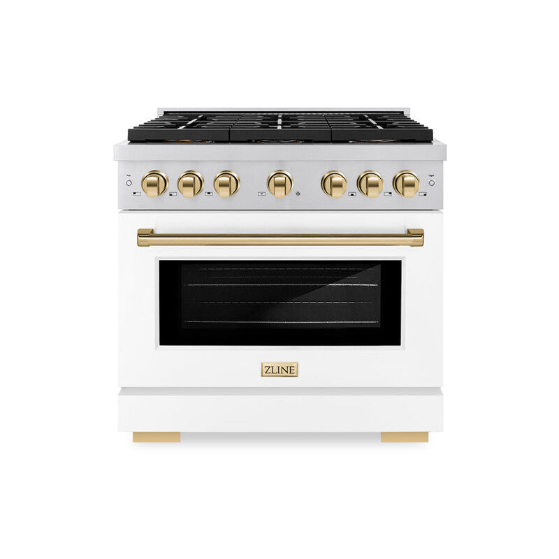 Autograph Edition 36 in. 5.2 cu. ft. Paramount Gas Range with 6 Burner DuoPro™ Cooktop and Convection Gas Oven with White Matte Door and Polished Gold Accents - (PSGRZWM36G) -