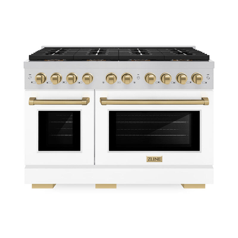 Autograph Edition 48 in. 6.7 cu. ft. Paramount Gas Range with 8 Burner DuoPro™ Cooktop and Dual Ovens with White Matte Doors and Champagne Bronze Accents - (PSGRZWM48CB) -