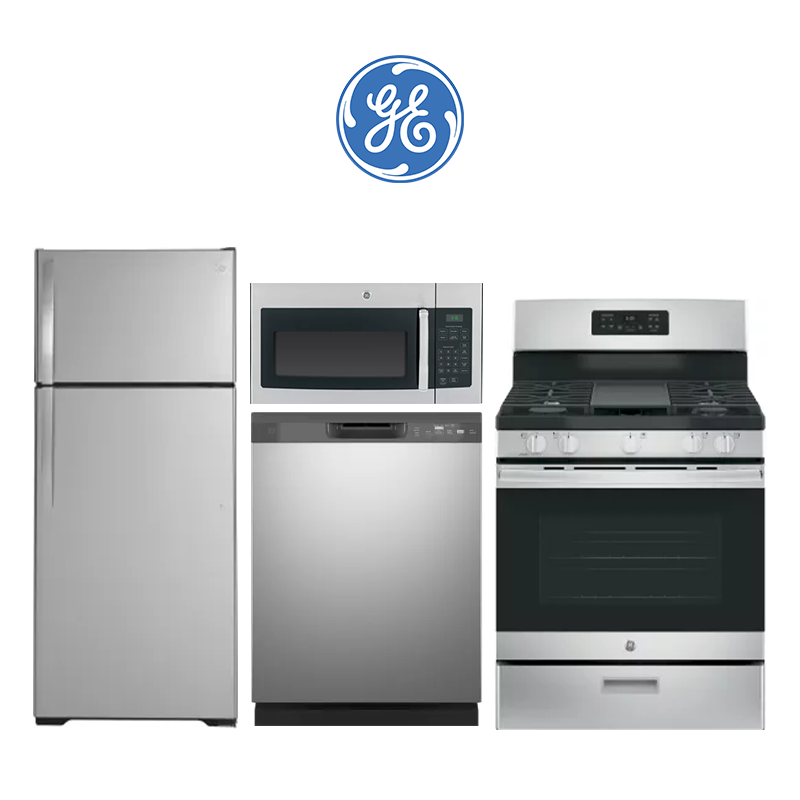 Apartment Grade GE Sets 4-Piece Stainless Steel Kitchen Package – Refrigerator (GTS18HYNRFS), Gas Range (JGBS66DEKSS), Dishwasher (GDF535PGRSS) & Microwave (JVM3160DFSS)