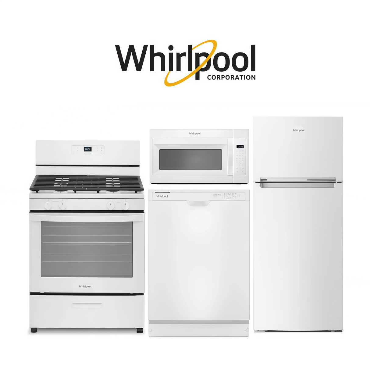 Apartment Grade Whirlpool 4-Piece White Kitchen Package – Refrigerator (WRT518SZFW), Gas Range (WFG320M0MW), Dishwasher (WDF341PAPW) & Microwave (WMH31017HW)