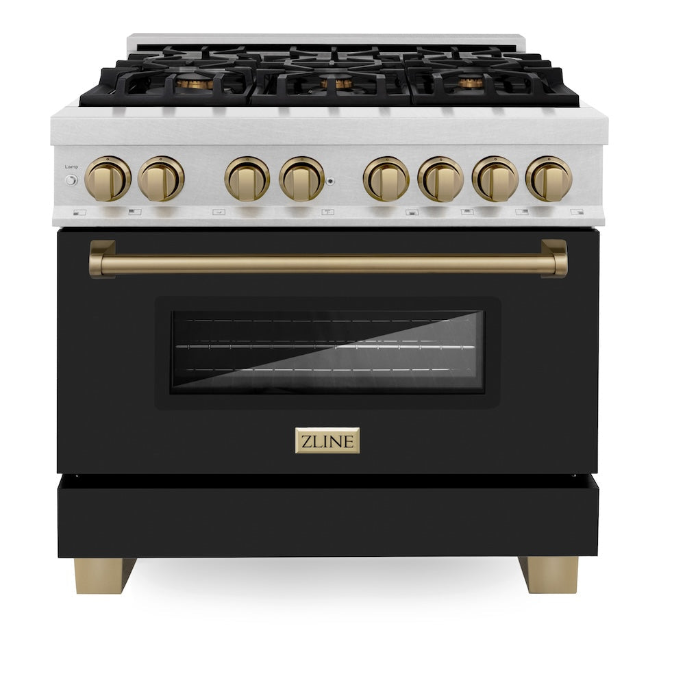 AutographEdition 36 in. 4.6 cu. ft. Dual Fuel Range with Gas Stove and Electric Oven in Fingerprint Resistant DuraSnow Stainless Steel with Black Matte Door and Champagne Bronze Accents - (RASZBLM36CB) -