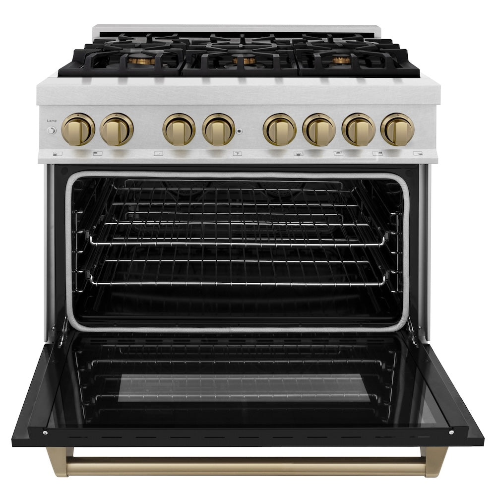 AutographEdition 36 in. 4.6 cu. ft. Dual Fuel Range with Gas Stove and Electric Oven in Fingerprint Resistant DuraSnow Stainless Steel with Black Matte Door and Champagne Bronze Accents - (RASZBLM36CB) -