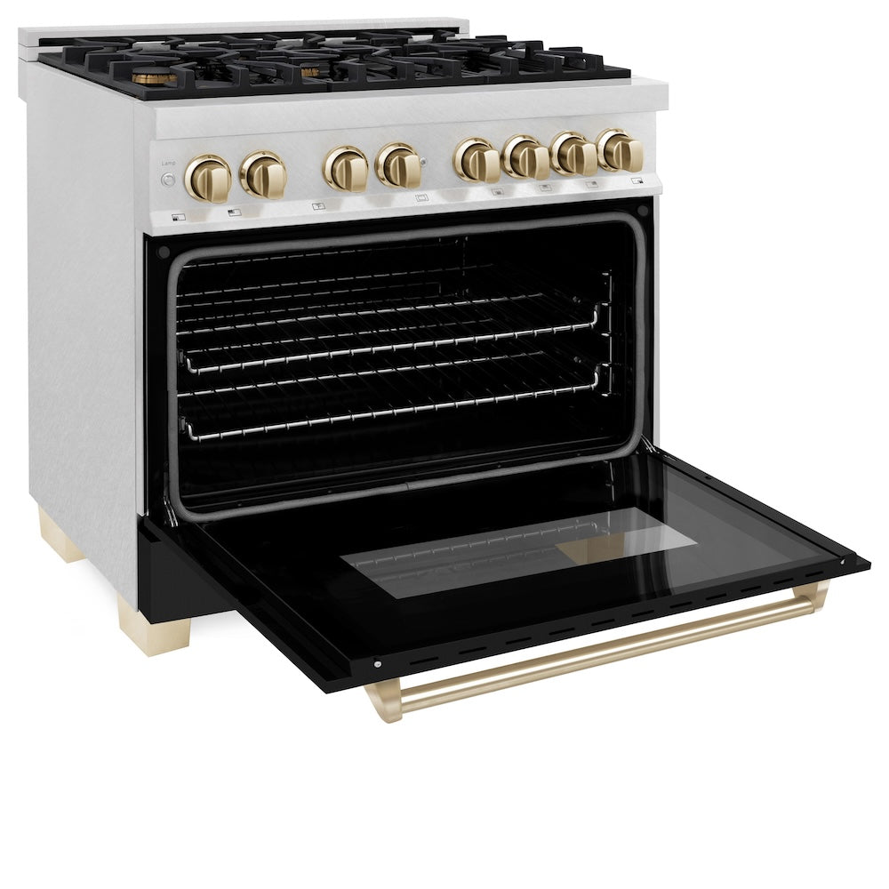 AutographEdition 36 in. 4.6 cu. ft. Dual Fuel Range with Gas Stove and Electric Oven in Fingerprint Resistant DuraSnow Stainless Steel with Black Matte Door and Polished Gold Accents - (RASZBLM36G) -