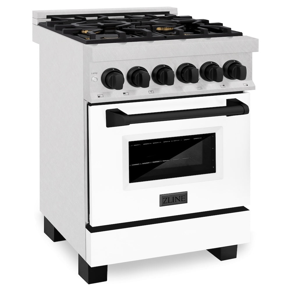 ZLINE Autograph Edition 24 in. 2.8 cu. ft. Legacy Dual Fuel Range with 4 Burner Gas Cooktop and Electric Convection Oven in DuraSnow® Stainless Steel with White Matte Door and Matte Black Accents (RASZ-WM-24-MB) - (RASZWM24MB) -