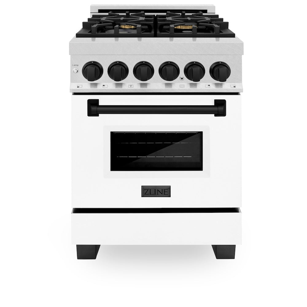ZLINE Autograph Edition 24 in. 2.8 cu. ft. Legacy Dual Fuel Range with 4 Burner Gas Cooktop and Electric Convection Oven in DuraSnow® Stainless Steel with White Matte Door and Matte Black Accents (RASZ-WM-24-MB) - (RASZWM24MB) -