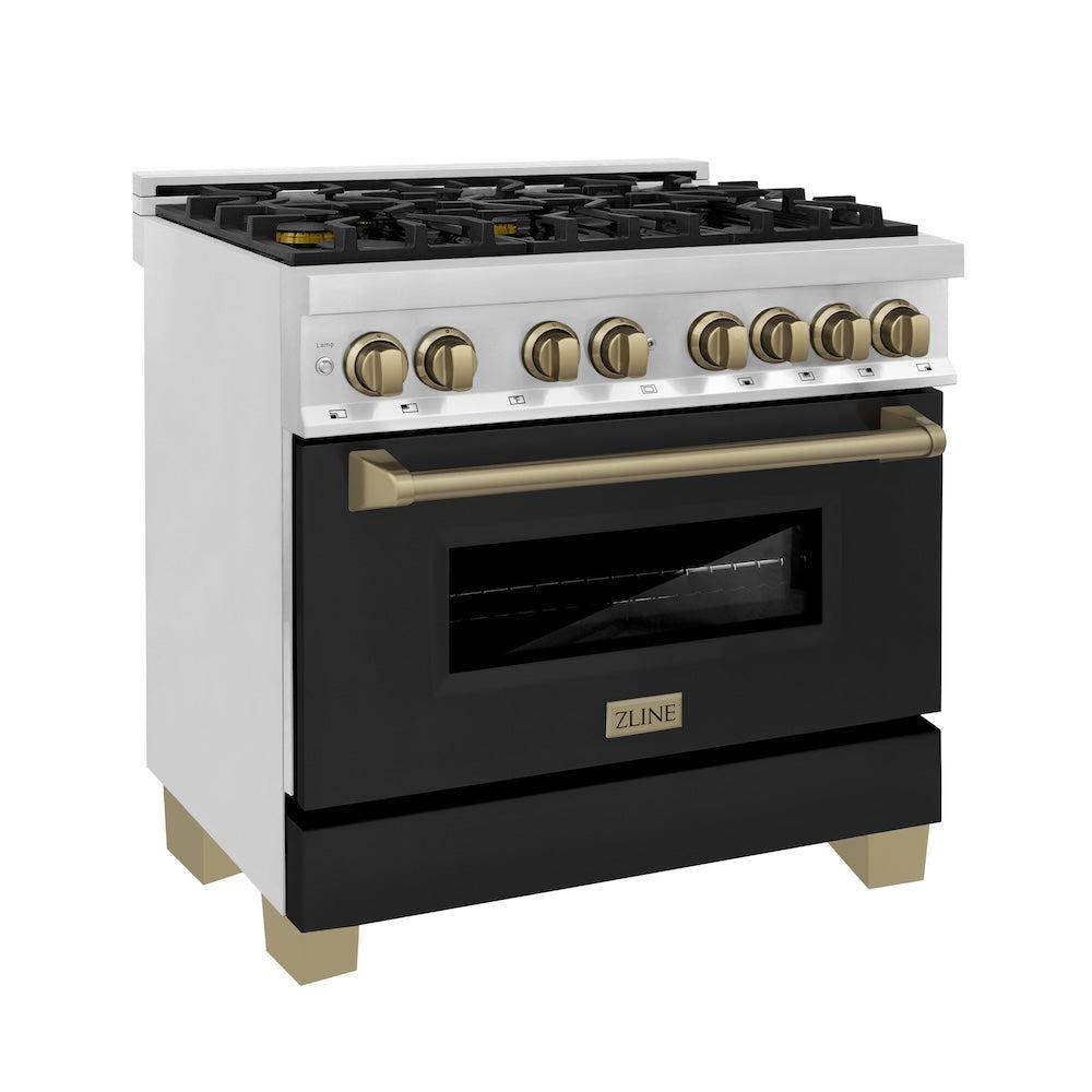 ZLINE Autograph Edition 36 in. 4.6 cu. ft. Legacy Dual Fuel Range with 6 Burner Gas Cooktop and Electric Convection Oven in Stainless Steel with Black Matte Door and Champagne Bronze Accents (RAZ-BLM-36-CB) - (RAZBLM36CB) -