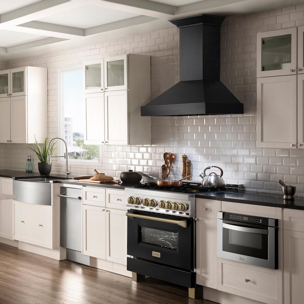 ZLINE Autograph Edition 36 in. 4.6 cu. ft. Legacy Dual Fuel Range with 6 Burner Gas Cooktop and Electric Convection Oven in Stainless Steel with Black Matte Door and Champagne Bronze Accents (RAZ-BLM-36-CB) - (RAZBLM36CB) -