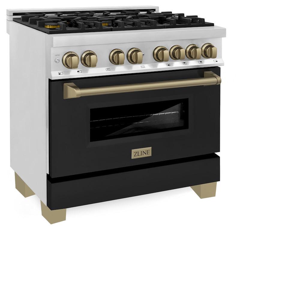 ZLINE Autograph Edition 36 in. 4.6 cu. ft. Legacy Dual Fuel Range with 6 Burner Gas Cooktop and Electric Convection Oven in Stainless Steel with Black Matte Door and Champagne Bronze Accents (RAZ-BLM-36-CB) - (RAZBLM36CB) -