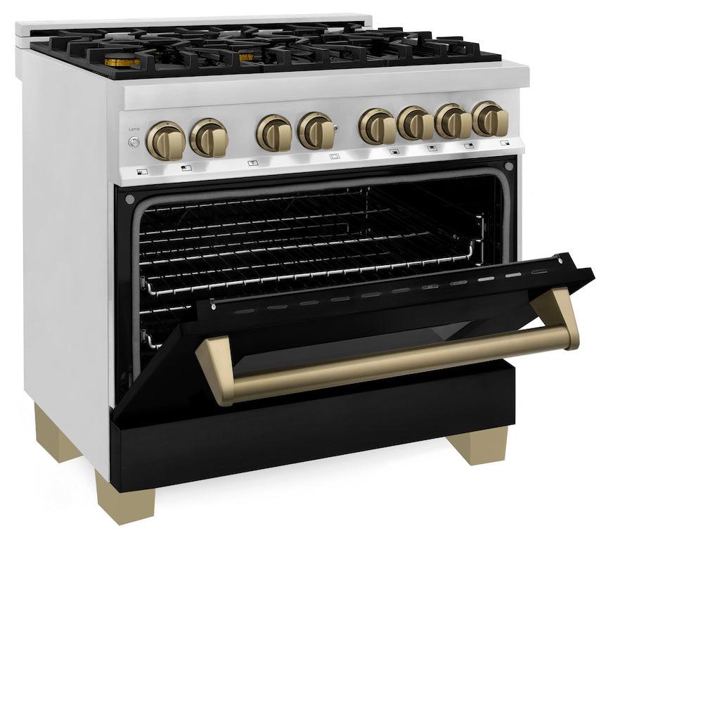 ZLINE Autograph Edition 36 in. 4.6 cu. ft. Legacy Dual Fuel Range with 6 Burner Gas Cooktop and Electric Convection Oven in Stainless Steel with Black Matte Door and Champagne Bronze Accents (RAZ-BLM-36-CB) - (RAZBLM36CB) -