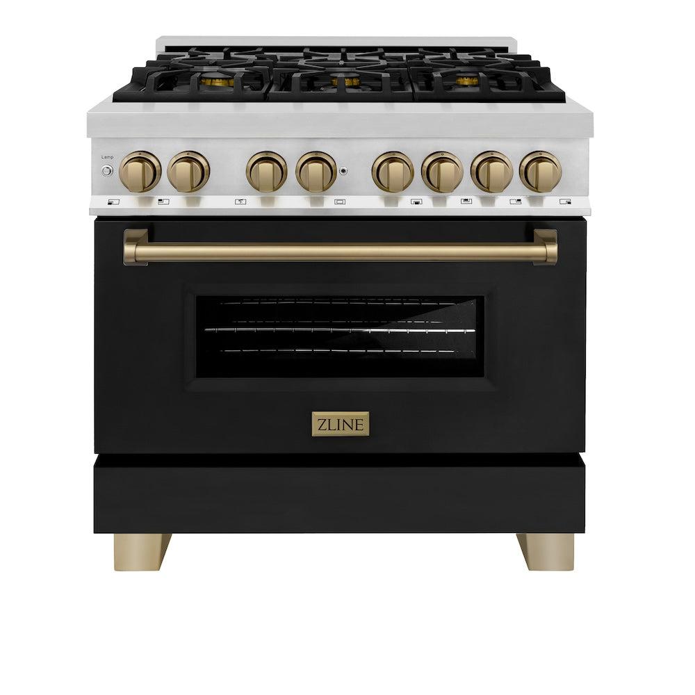 ZLINE Autograph Edition 36 in. 4.6 cu. ft. Legacy Dual Fuel Range with 6 Burner Gas Cooktop and Electric Convection Oven in Stainless Steel with Black Matte Door and Champagne Bronze Accents (RAZ-BLM-36-CB) - (RAZBLM36CB) -