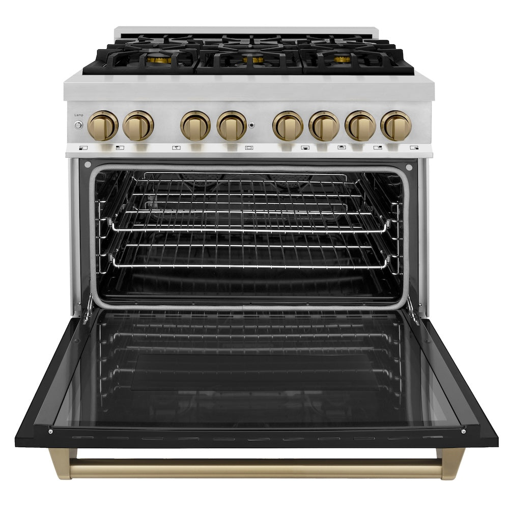 ZLINE Autograph Edition 36 in. 4.6 cu. ft. Legacy Dual Fuel Range with 6 Burner Gas Cooktop and Electric Convection Oven in Stainless Steel with Black Matte Door and Champagne Bronze Accents (RAZ-BLM-36-CB) - (RAZBLM36CB) -