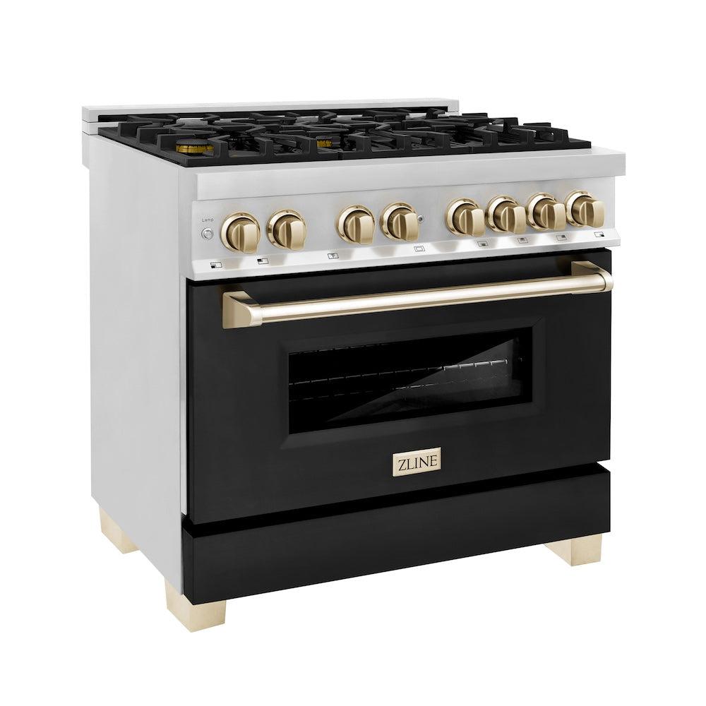 AutographEdition 36" 4.6 cu. ft. Dual Fuel Range with Gas Stove and Electric Oven in Stainless Steel with Black Matte Door and Polished Gold Accents - (RAZBLM36G) -
