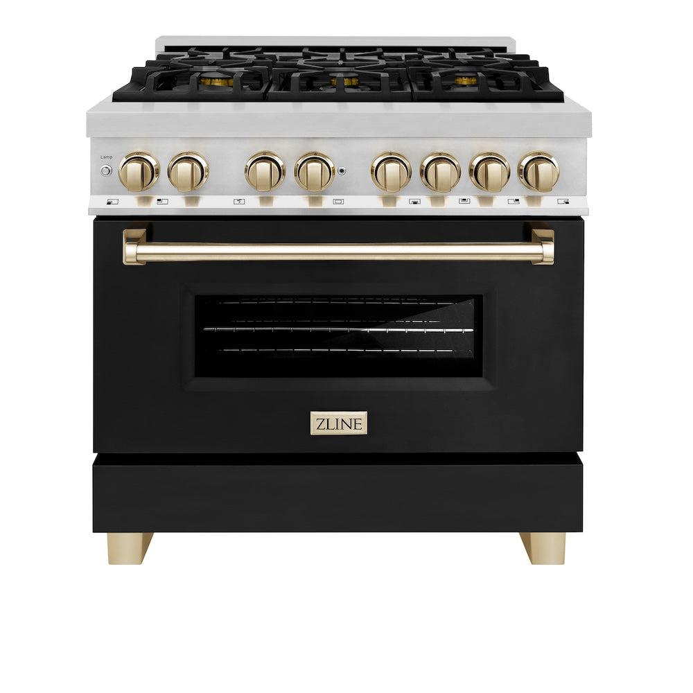AutographEdition 36" 4.6 cu. ft. Dual Fuel Range with Gas Stove and Electric Oven in Stainless Steel with Black Matte Door and Polished Gold Accents - (RAZBLM36G) -