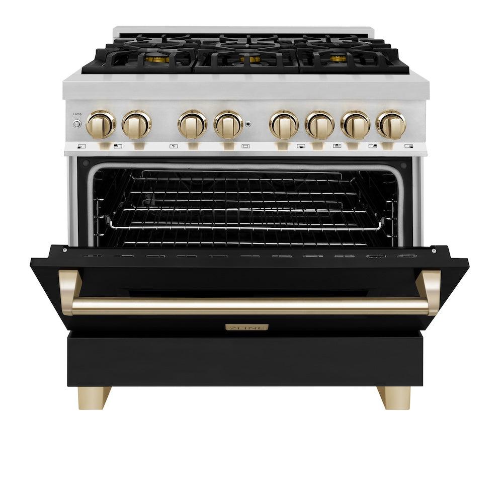AutographEdition 36" 4.6 cu. ft. Dual Fuel Range with Gas Stove and Electric Oven in Stainless Steel with Black Matte Door and Polished Gold Accents - (RAZBLM36G) -