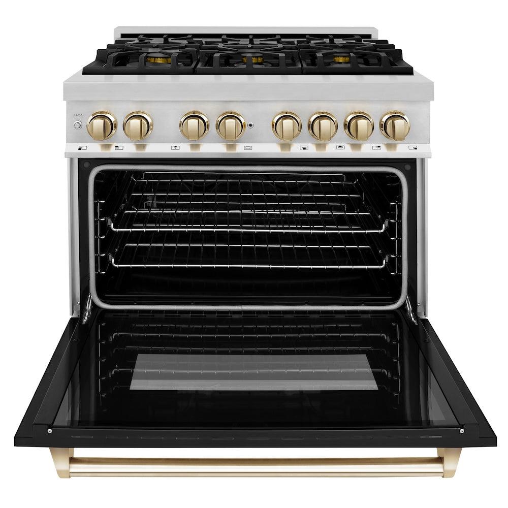 AutographEdition 36" 4.6 cu. ft. Dual Fuel Range with Gas Stove and Electric Oven in Stainless Steel with Black Matte Door and Polished Gold Accents - (RAZBLM36G) -