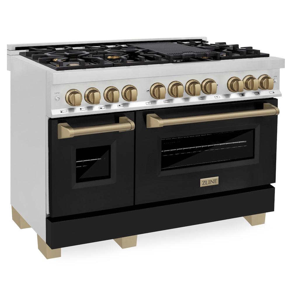 AutographEdition 48" 6.0 cu. ft. Dual Fuel Range with Gas Stove and Electric Oven in Stainless Steel with Black Matte Door and Champagne Bronze Accents - (RAZBLM48CB) -