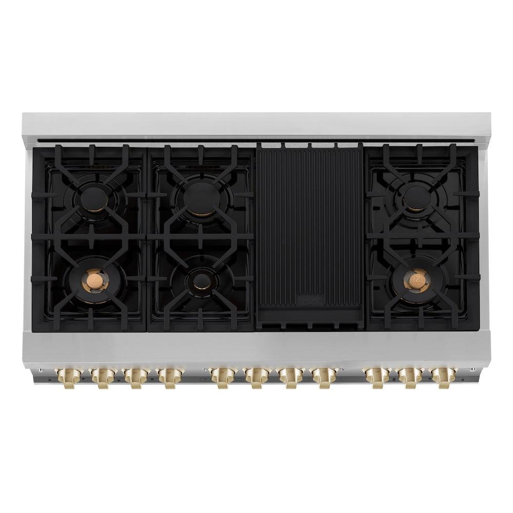AutographEdition 48" 6.0 cu. ft. Dual Fuel Range with Gas Stove and Electric Oven in Stainless Steel with Black Matte Door and Polished Gold Accents - (RAZBLM48G) -