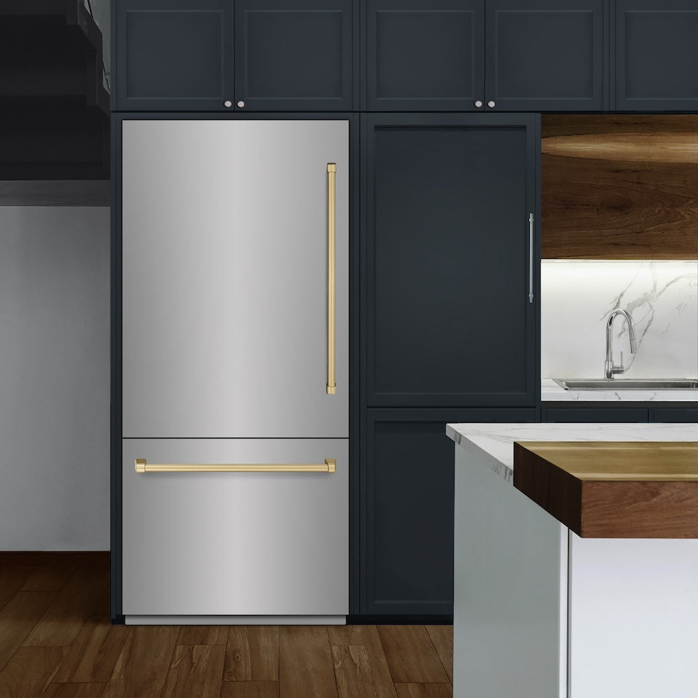 ZLINE Autograph Edition 36 in. 19.8 cu. ft. Built-In Bottom Freezer Refrigerator with Water Dispenser and Ice Maker in Stainless Steel with Champagne Bronze Accents (RBITZ-304-36CB) - (RBITZ30436CB) -