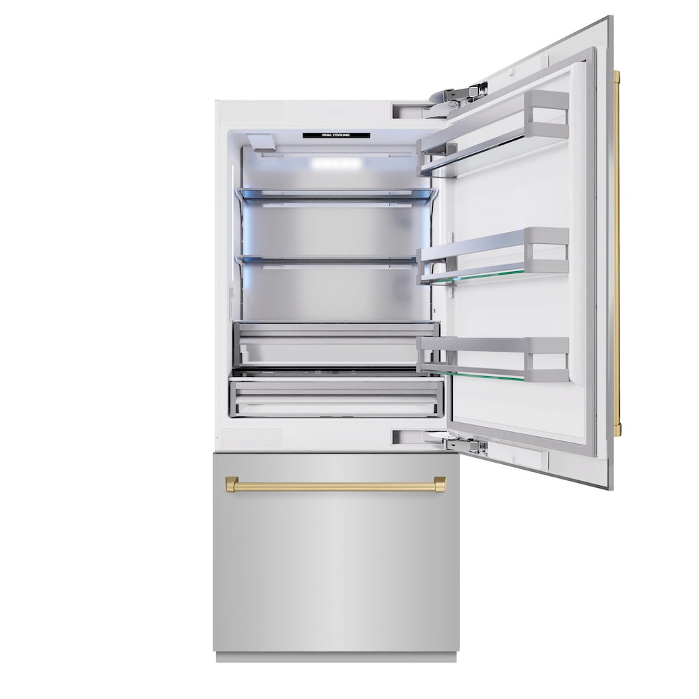 ZLINE Autograph Edition 36 in. 19.8 cu. ft. Built-In Bottom Freezer Refrigerator with Water Dispenser and Ice Maker in Stainless Steel with Champagne Bronze Accents (RBITZ-304-36CB) - (RBITZ30436CB) -