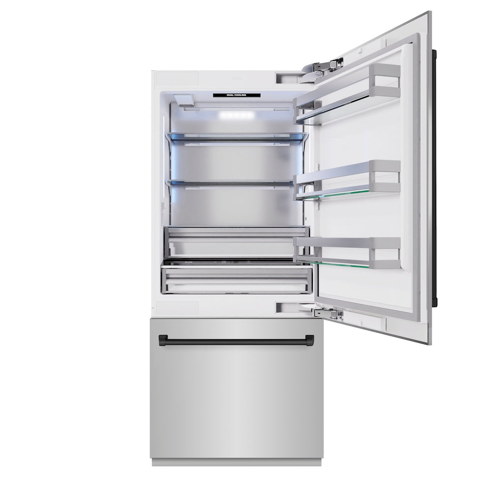 ZLINE Autograph Edition 36 in. 19.8 cu. ft. Built-In Bottom Freezer Refrigerator with Water Dispenser and Ice Maker in Stainless Steel with Matte Black Accents (RBITZ-304-36MB) - (RBITZ30436MB) -