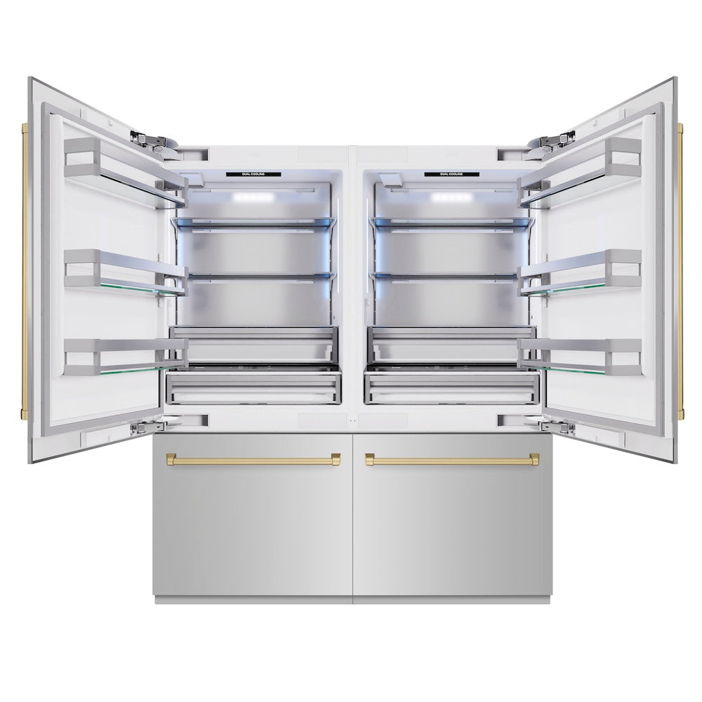 ZLINE Autograph Edition 72 in. 39.6 cu. ft. French Door Built-In Bottom Freezer Refrigerator with Water Dispensers and Ice Makers in Stainless Steel with Champagne Bronze Accents (RBITZ-304-72CB) - (RBITZ30472CB) -