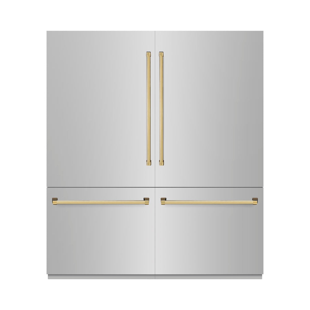 ZLINE Autograph Edition 72 in. 39.6 cu. ft. French Door Built-In Bottom Freezer Refrigerator with Water Dispensers and Ice Makers in Stainless Steel with Polished Gold Accents (RBITZ-304-72G) - (RBITZ30472G) -